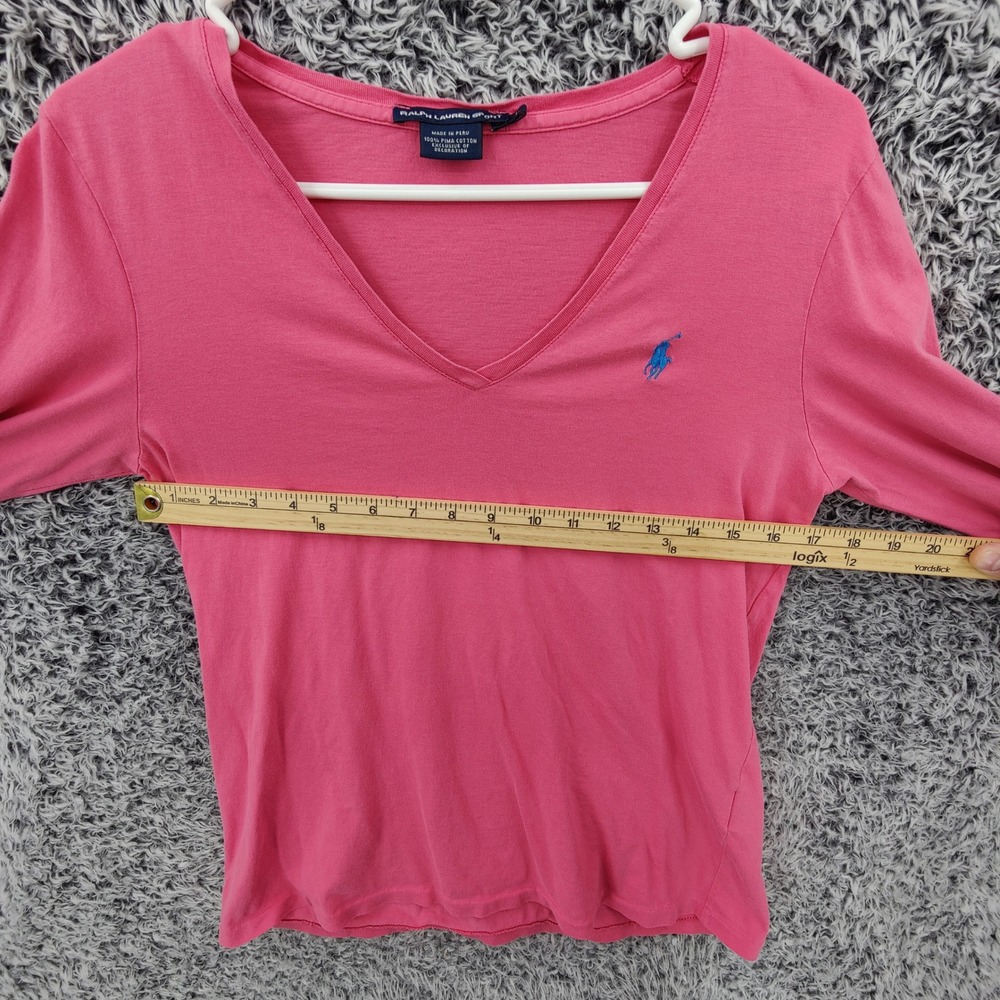 Ralph Lauren Sport Womens Preppy V-Neck Long Sleeve Tee L Pink Pima Cotton Pony - Picture 2 of 15